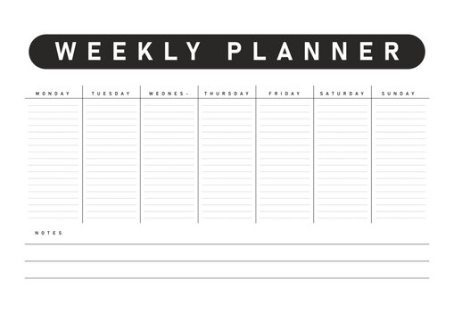 Minimalistic weekly planner template with a black header and white background, featuring lined sections for each weekday, and additional spaces for Saturday, Sunday, and notes.