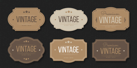 Set of vintage vector label designs in brown tones, featuring classic typography and decorative elements. Ideal for branding, packaging, and retro-themed projects.