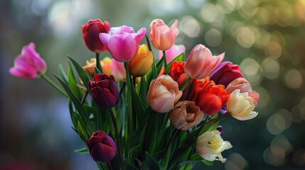   A vase brimming with vibrant tulips perches atop a wooden table, surrounded by a hazy background