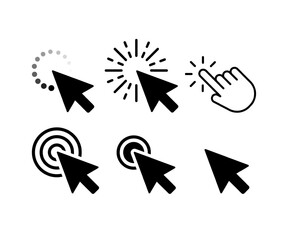 Vector icons set of cursors and hand clicking gestures, including loading, clicking, and target symbols. Ideal for web design, UI UX elements, and digital projects