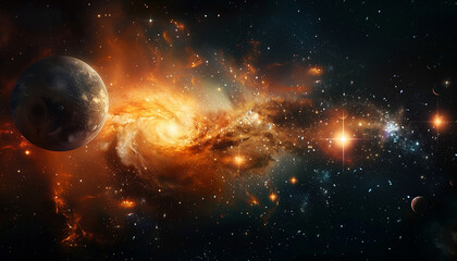 A stunning cosmic scene showcasing a swirling nebula with vibrant orange and yellow hues, planets, and bright stars scattered across the vast expanse of space.
