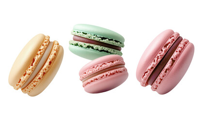 Colorful assorted macarons arranged in an artistic manner with vibrant pastel colors and delicious cream fillings. Perfect for dessert and bakery themes.
