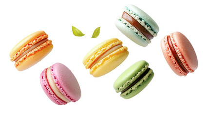 Colorful French macarons on a white background. Perfect for dessert-themed designs, food blogs, and culinary publications.