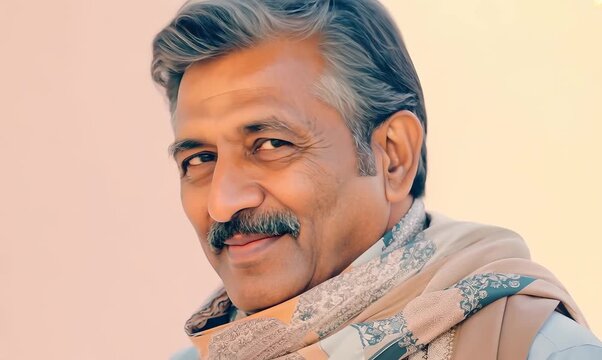 Lifestyle portrait of an Indian man in his 50s against a pastel or soft colors background wearing a foulard