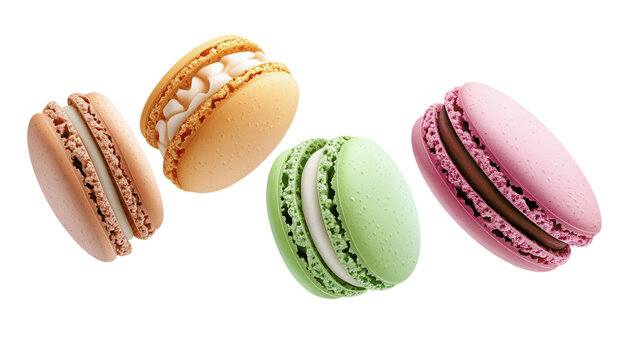 Colorful French macarons in a variety of flavors including yellow, green, and pink. Perfect for dessert and pastry imagery.