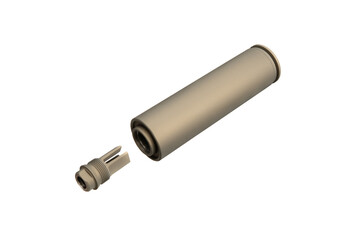 FDE silencer for weapons. Suppressor that is at the end of an assault rifle. Isolate on a white back