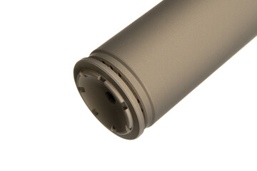 FDE silencer for weapons. Suppressor that is at the end of an assault rifle. Isolate on a white back