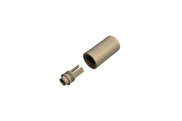 FDE silencer for weapons. Suppressor that is at the end of an assault rifle. Isolate on a white back