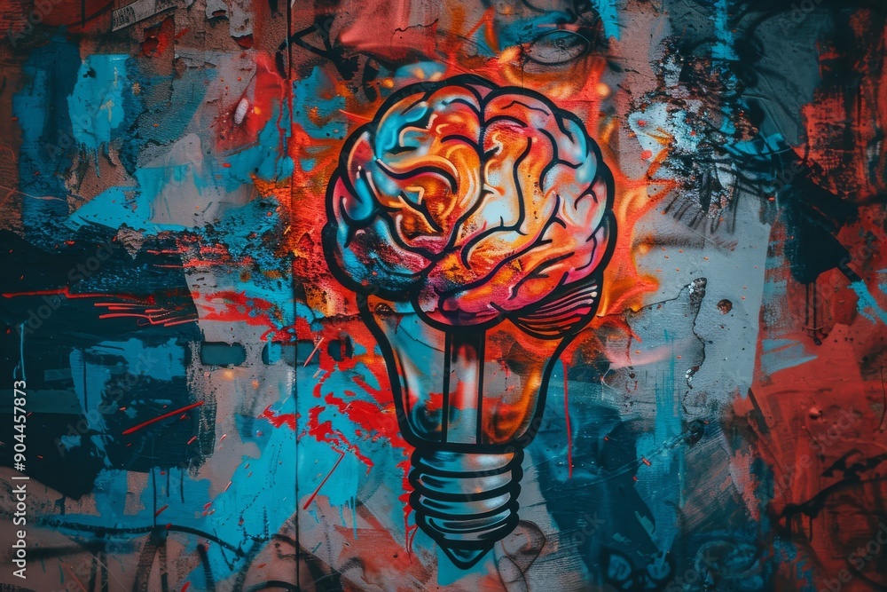 Poster abstract brain lightbulb in blue and red emphasizing conflict and creativity in thought processes.
