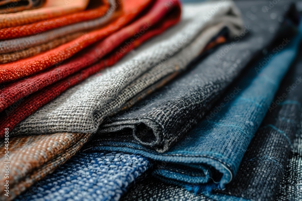 Poster stack of colorful carpets lying on top of each other, showcasing a variety of textures and colors