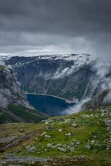 Fototapeta premium Beautiful view of the lake in Trolltunga hiking trail, Norway