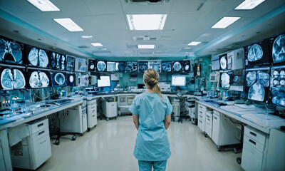 A radiologist examines detailed medical images on dual monitors in a contemporary clinical setting.
