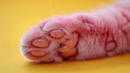   A close-up image of a pink cat's paw on top of its own paw
