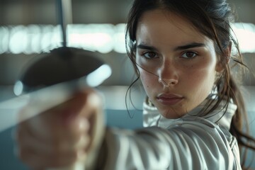 A young fencer, fully focused and determined, points her sword directly at the camera during an intense practice session, showcasing her dedication to the martial art of fencing.