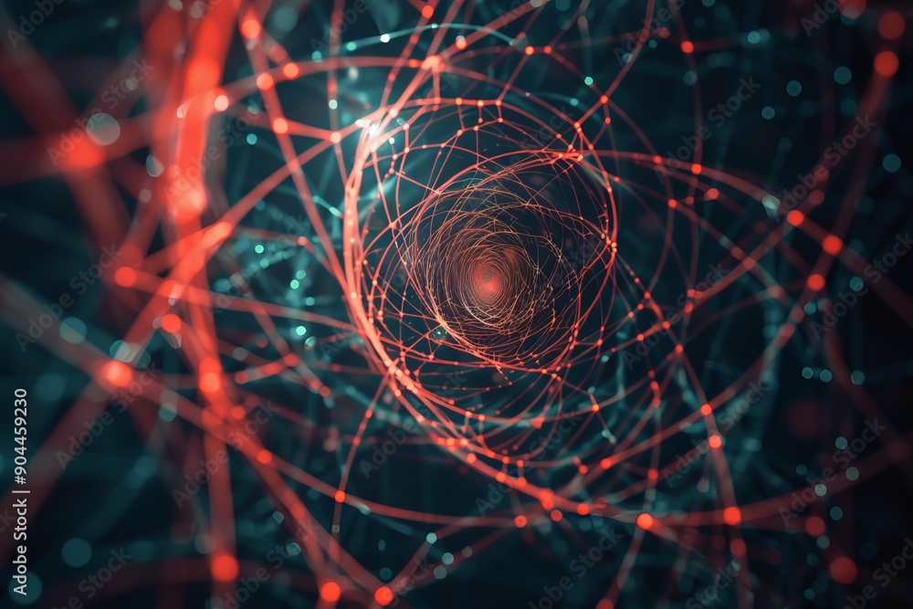 Poster abstract technology background with circular interconnected nodes forming a tunnel