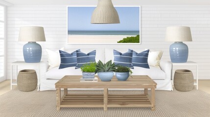 A vibrant hanging basket filled with lush green ferns sways gently, enhancing the minimalist decor of a bright, white space