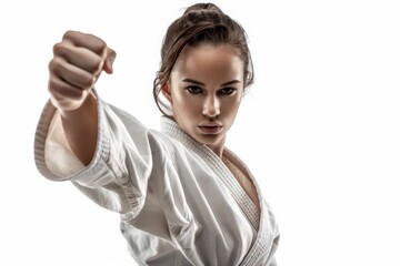 A female martial artist in a powerful forward punch motion wearing a white uniform, portraying intensity and precision. The background is clean and white for emphasis.