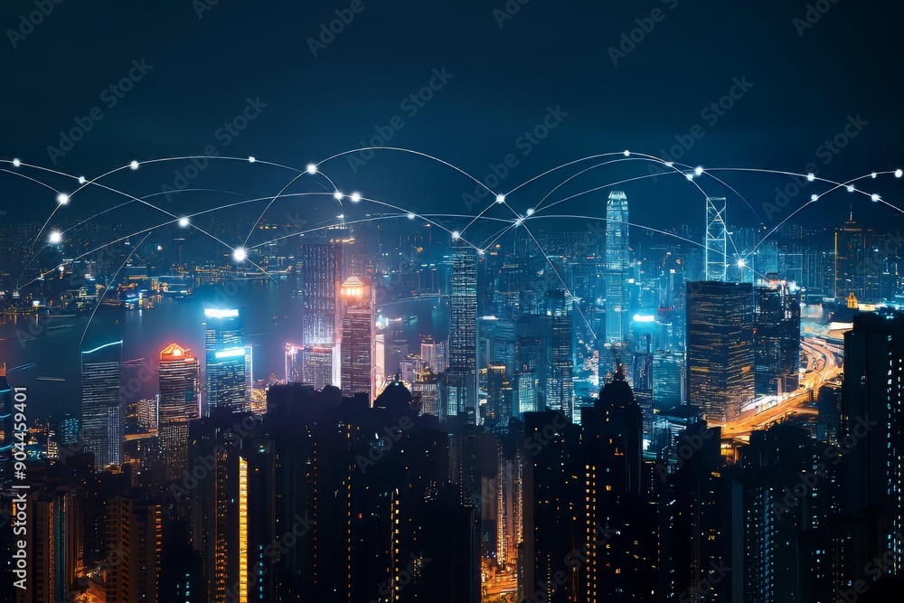 Wall mural smart city and network connection concept