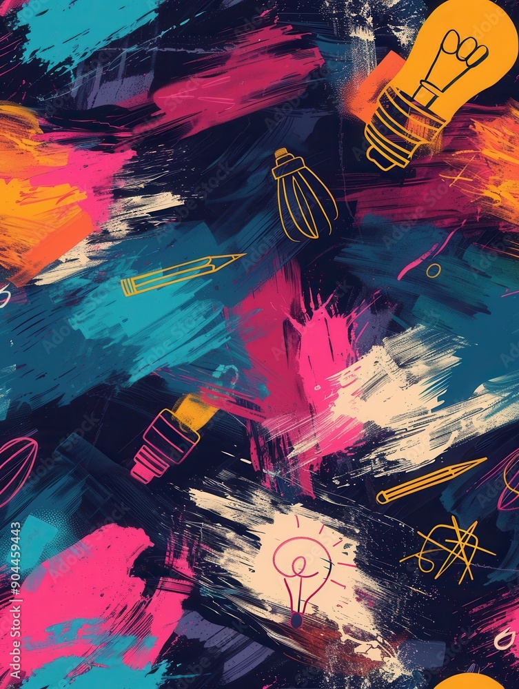 Aufkleber a vibrant chalkboard adorned with multicolored strokes and detailed drawings of educational tools li
