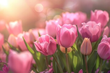 Fototapeta premium A bouquet of pink tulips growing in a lush green field, perfect for spring and Easter themed designs