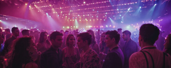 A lively crowd enjoys a night out, dancing and socializing in a vibrant nightclub filled with colorful lights and an energetic atmosphere.