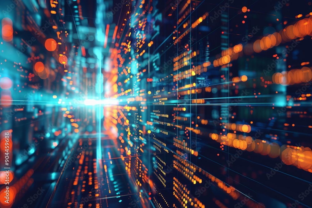 Poster abstract representation of data flowing through cyberspace, symbolizing the fast paced world of info