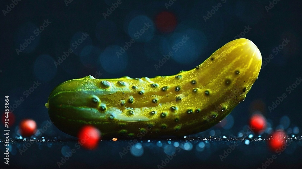 Poster close-up of a cucumber with water droplets and red balls in the background