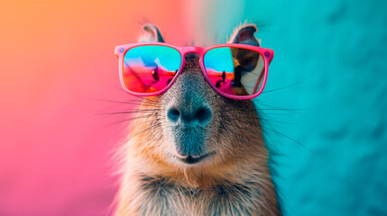 a capybara wearing sunglasses in front of a colorful background