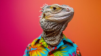 Fototapeta premium A regal iguana is showcased in a vivacious Hawaiian shirt, set against a striking orange backdrop, highlighting the reptile's dignified presence intertwined with fun elements.