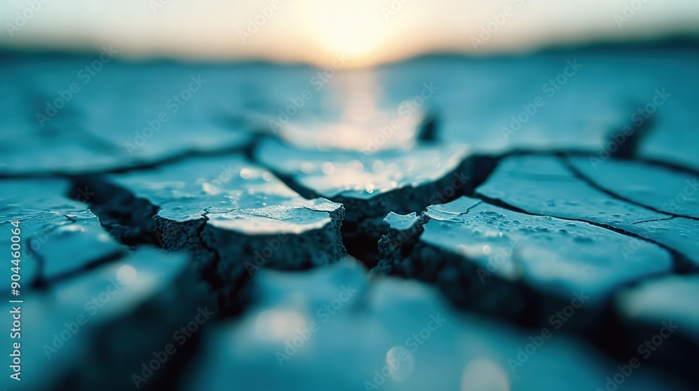 Poster a close-up of a cracked surface with the sun setting in the background and a blurred image in the fo