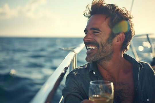 A man peacefully enjoying a drink while leaning on the railing of a boat, with a serene sea in the background under the blue sky, capturing a tranquil moment.