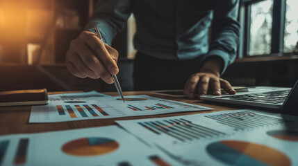 Fototapeta premium A coach helping a team set clear goals, charts and lists visible, left third copy space. achieving goals, Care, working for the benefit of society