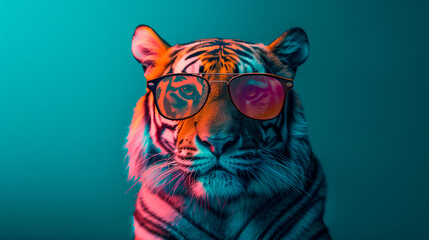 a tiger wearing sunglasses in front of a colorful background © HUMANIMALS
