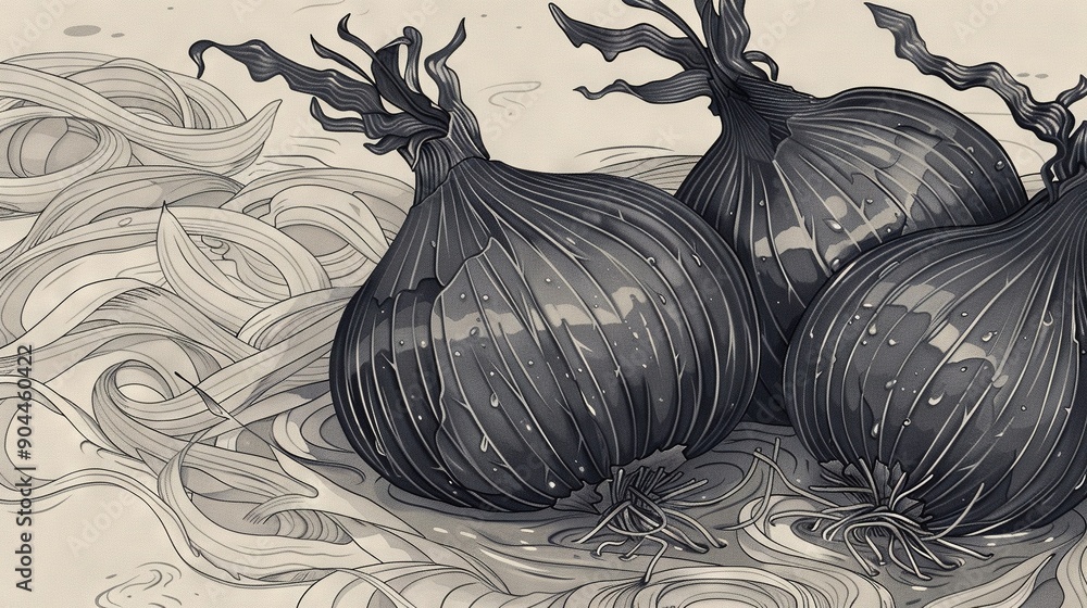 Poster a pair of onions resting atop a table, adjacent to a mound of noodles placed on another table