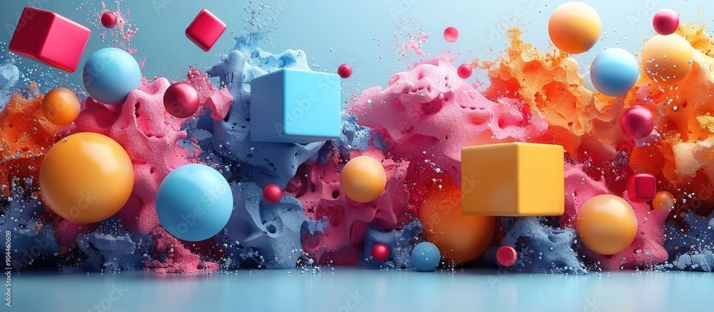 Poster abstract colorful 3d composition with spheres and cubes