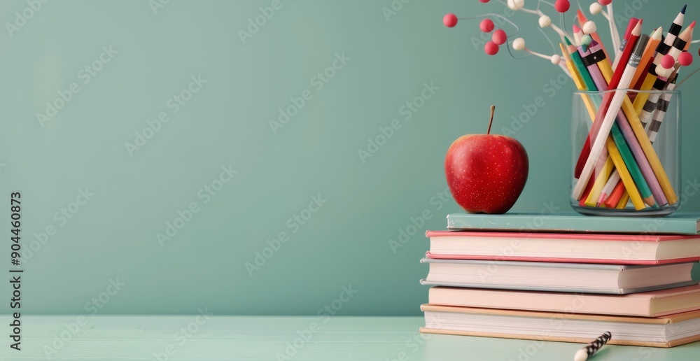 Poster colorful pencils and red apples resting on stacked books in tranquil setting