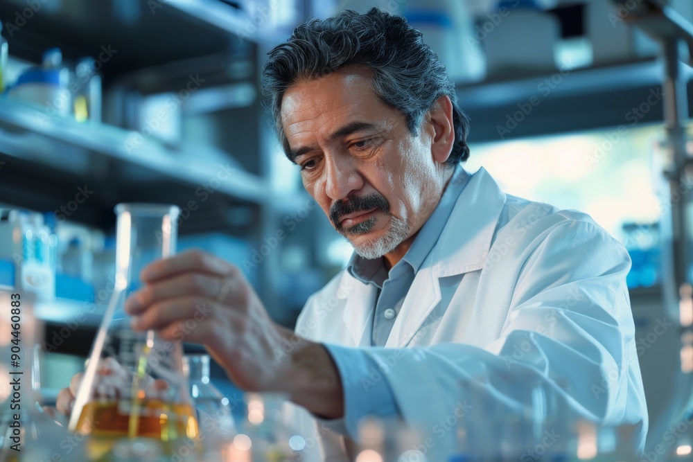 Poster a lab technician in a white coat works attentively with beakers in a well-equipped laboratory, symbo