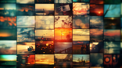 Naklejka premium Digital Photo Collage Display with Popping Pictures in Warm Atmosphere