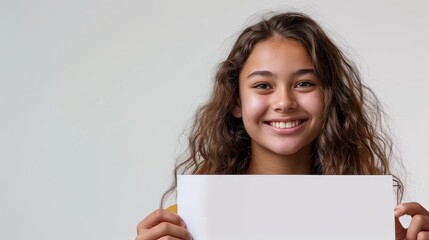 Naklejka premium Teen girl with curly hair beams with happiness as she holds a blank white sheet of paper, captured in a portrait-style photograph against a neutral background.