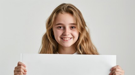 Naklejka premium Happy girl with long straight hair smiles brightly while holding a blank white board, posing against a neutral background for a portrait-style stock photograph.