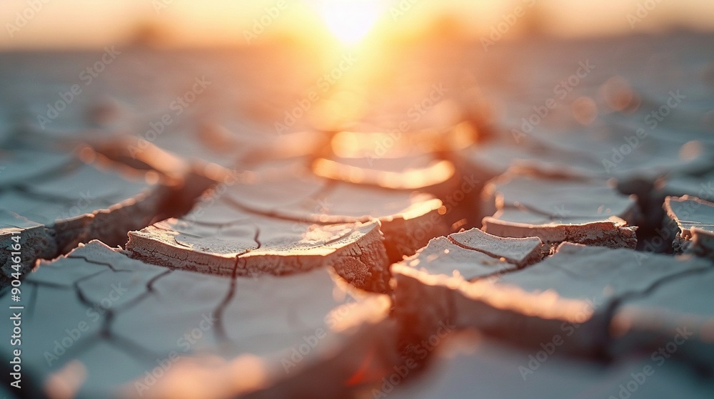 Poster a close-up of a cracked surface with the sun in the background and a blurry image of the surface in 