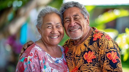 happy Samoan couple in their mid-50s, dressed casually and smiling at the camera with bright smiles. The woman is wearing traditional Hawaiian attire while her husband wears an ornate shirt