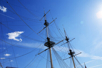 Sailing retro ship, walk on the river, bay. Mast. Sailing vessel. © Elena Shap