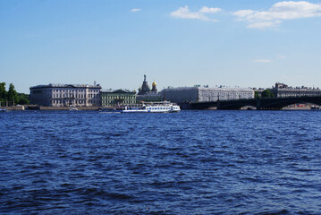 A pleasure boat floating on the river, river canals, tourist walks, Vacation.