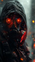 Obraz premium Hooded figure in a gas mask with glowing red eyes, cyberpunk style.
