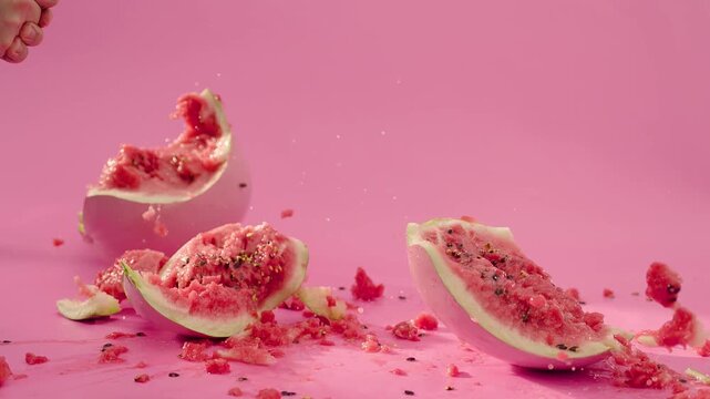 Explosion of watermelon . Hitting watermelon with hammer . Watermalon splitting into many pieces . Pink background. Broken water melon . Creative video of crushed fresh berry or fruit in slow motion

