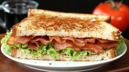   Toasted sandwich with bacon, lettuce, tomatoes on a plate & water