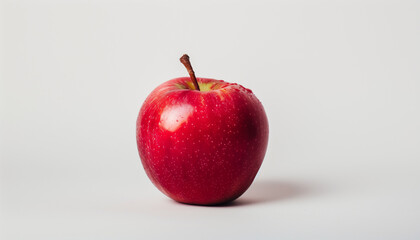 A fresh, red apple with a stem against a clean white background, showcasing its shiny skin and natural texture.