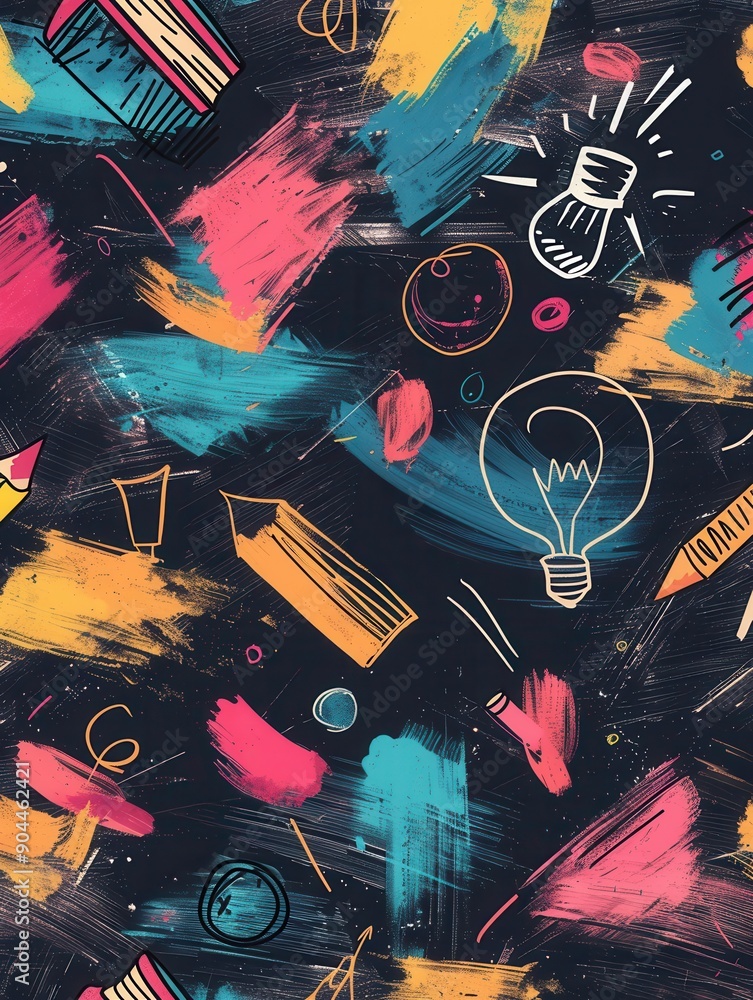 Poster a vibrant chalkboard displays colorful strokes and detailed drawings of classroom items, creating an