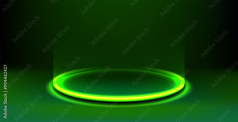Poster green glowing ring on floor. circle podium. futuristic product stand template. green abstract hi-tec